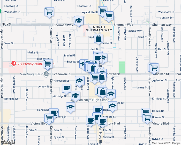 map of restaurants, bars, coffee shops, grocery stores, and more near 14547 Vanowen Street in Los Angeles