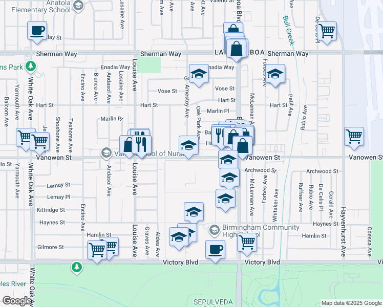 map of restaurants, bars, coffee shops, grocery stores, and more near 17031 Vanowen Street in Los Angeles