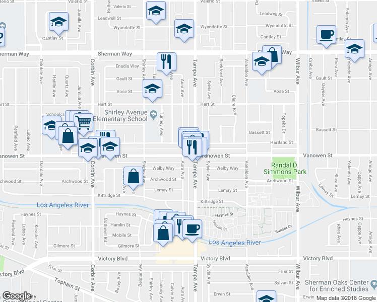map of restaurants, bars, coffee shops, grocery stores, and more near 19309 Vanowen Street in Los Angeles