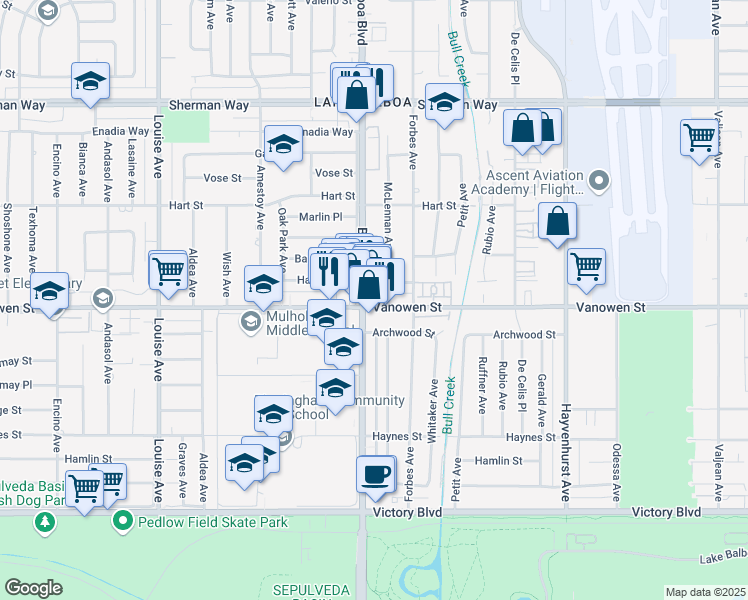 map of restaurants, bars, coffee shops, grocery stores, and more near 16825 Vanowen Street in Los Angeles