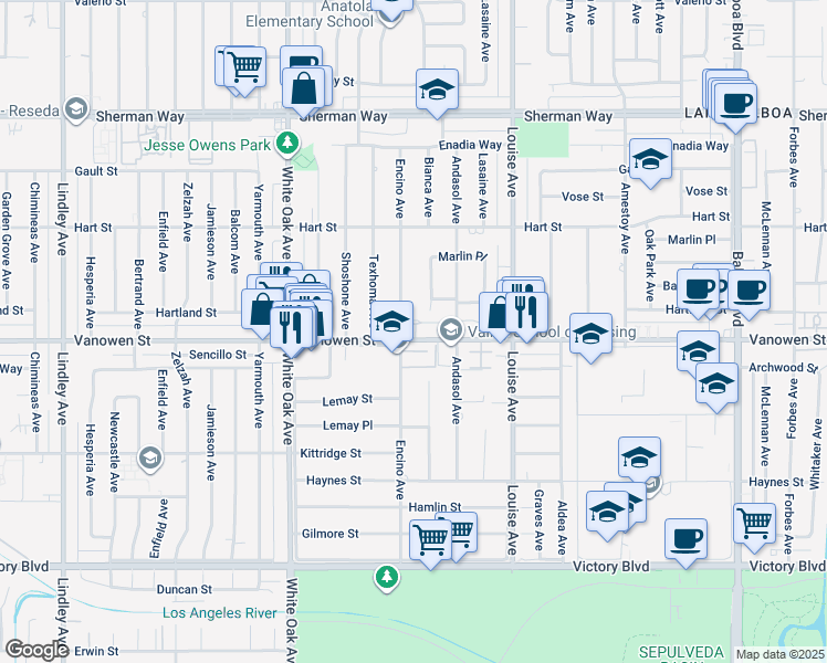 map of restaurants, bars, coffee shops, grocery stores, and more near 17447 Vanowen Street in Los Angeles