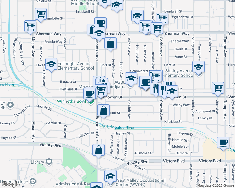 map of restaurants, bars, coffee shops, grocery stores, and more near 19947 Vanowen Street in Los Angeles