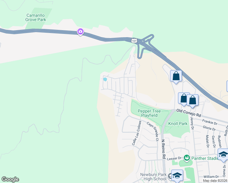 map of restaurants, bars, coffee shops, grocery stores, and more near 272 Monte Vista in Thousand Oaks