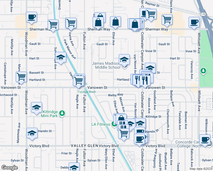 map of restaurants, bars, coffee shops, grocery stores, and more near 13129 Vanowen Street in Los Angeles