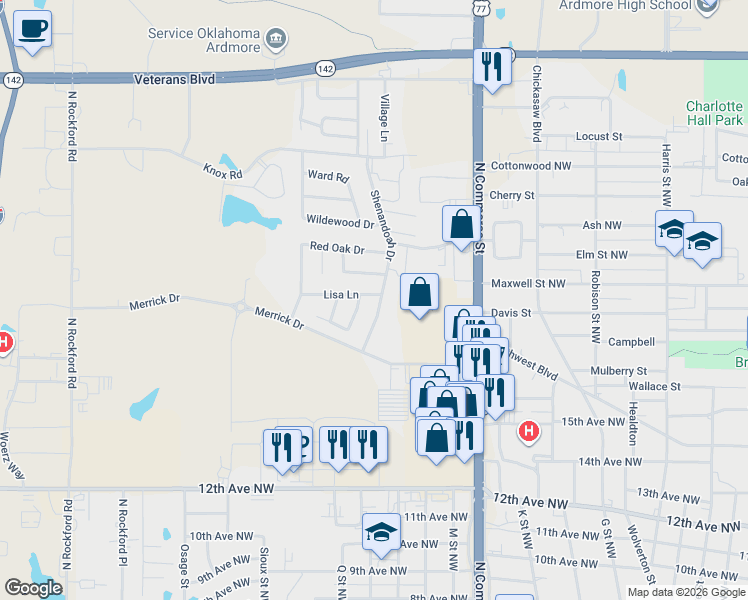 map of restaurants, bars, coffee shops, grocery stores, and more near 1415 Shenandoah Northwest in Ardmore