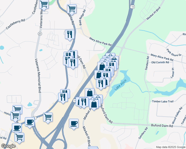 map of restaurants, bars, coffee shops, grocery stores, and more near U.S. Highway 19 in Cumming