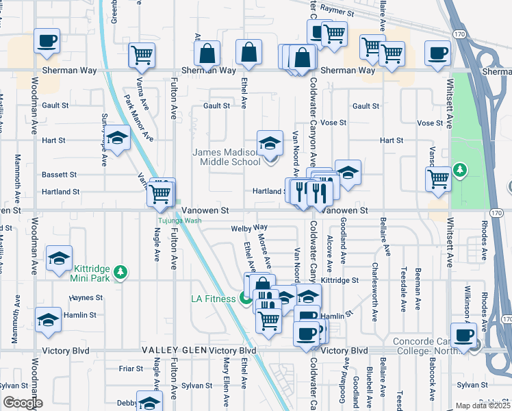 map of restaurants, bars, coffee shops, grocery stores, and more near 13043 Vanowen Street in Los Angeles