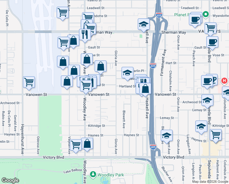 map of restaurants, bars, coffee shops, grocery stores, and more near 6807 Gloria Avenue in Los Angeles