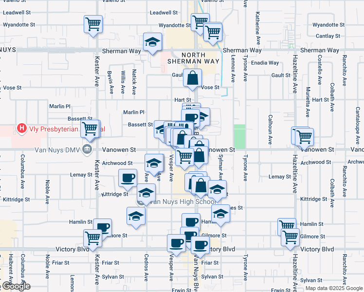 map of restaurants, bars, coffee shops, grocery stores, and more near 14547 Vanowen Street in Los Angeles