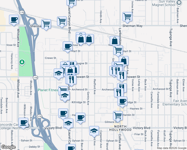 map of restaurants, bars, coffee shops, grocery stores, and more near in Los Angeles