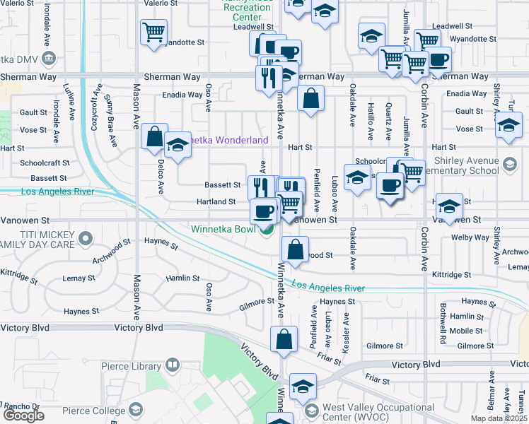 map of restaurants, bars, coffee shops, grocery stores, and more near 20123 Vanowen Street in Los Angeles