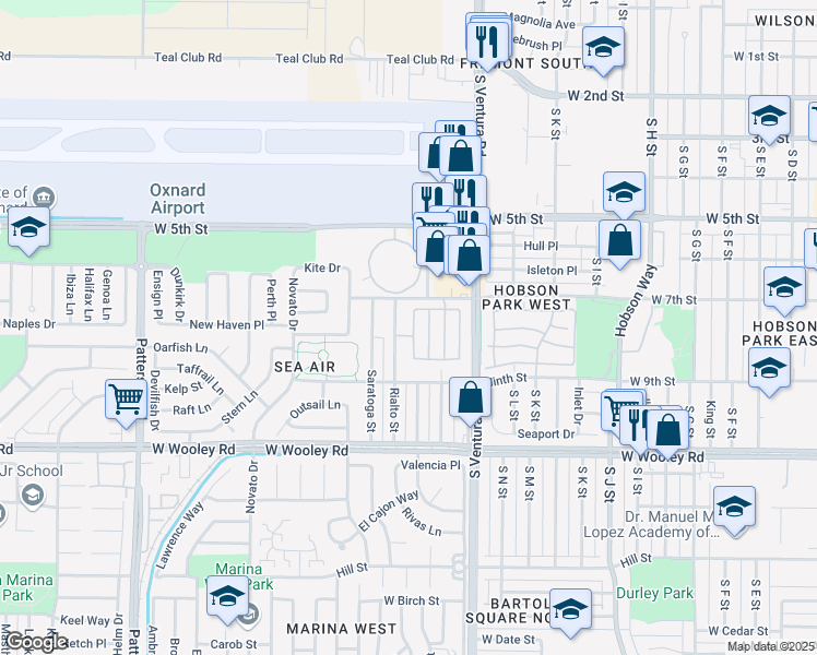 map of restaurants, bars, coffee shops, grocery stores, and more near 751 Pontoon Way in Oxnard