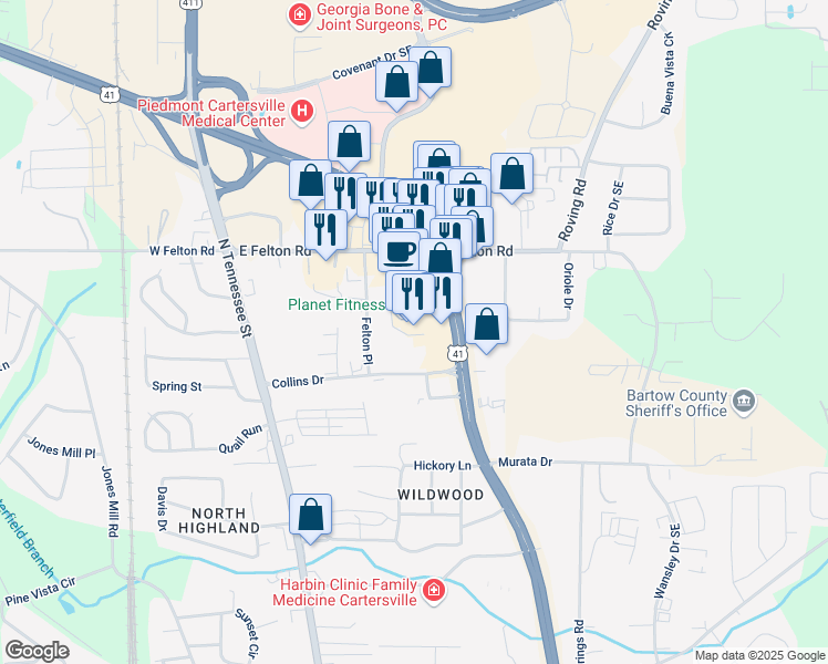 map of restaurants, bars, coffee shops, grocery stores, and more near 853 Joe Frank Harris Parkway Southeast in Cartersville
