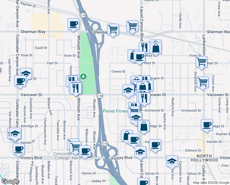 map of restaurants, bars, coffee shops, grocery stores, and more near 12243 Vanowen Street in Los Angeles