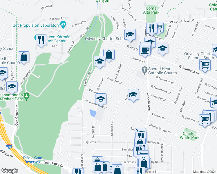 map of restaurants, bars, coffee shops, grocery stores, and more near 2846 Casitas Avenue in Altadena
