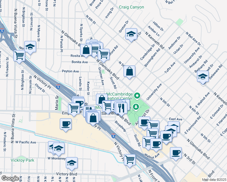 map of restaurants, bars, coffee shops, grocery stores, and more near 1711 Scott Road in Burbank