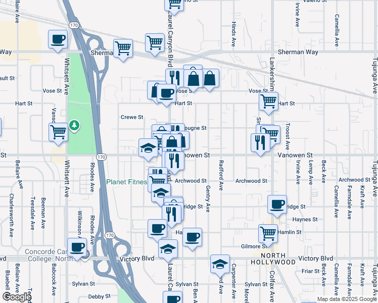 map of restaurants, bars, coffee shops, grocery stores, and more near 12019 Vanowen Street in Los Angeles