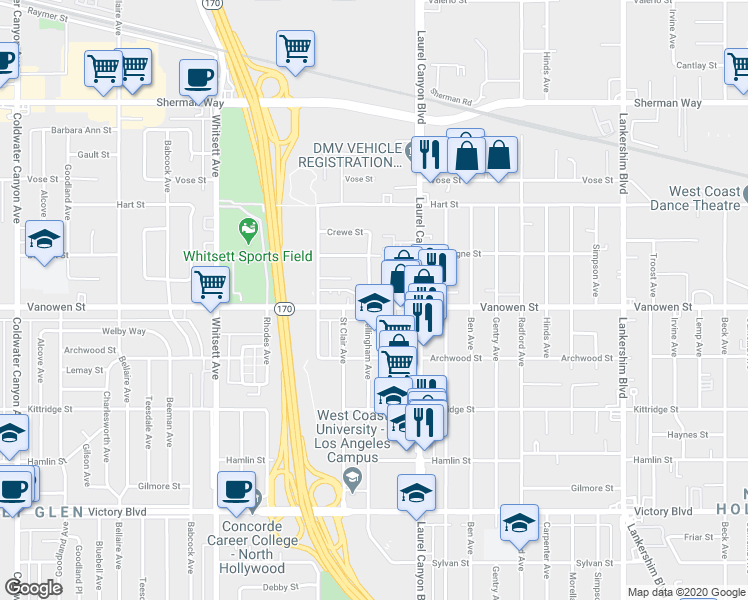 map of restaurants, bars, coffee shops, grocery stores, and more near 12145 Vanowen Street in Los Angeles