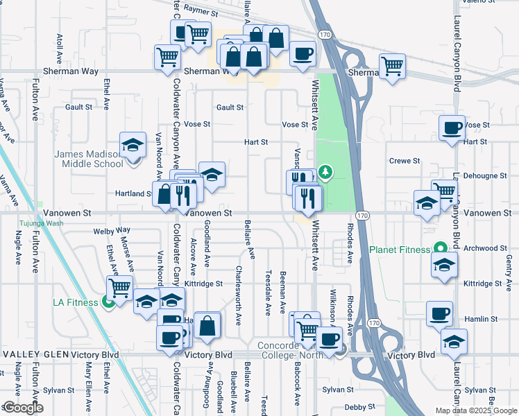 map of restaurants, bars, coffee shops, grocery stores, and more near 12641 Vanowen Street in Los Angeles