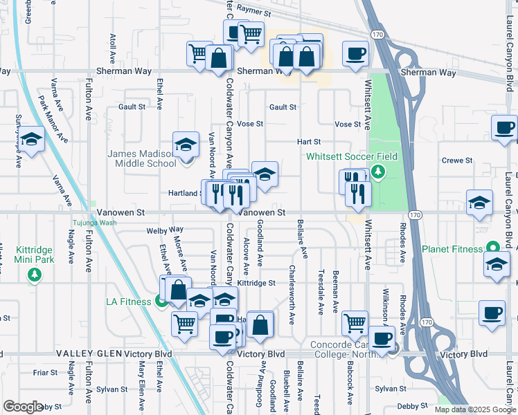 map of restaurants, bars, coffee shops, grocery stores, and more near 12755 Vanowen Street in Los Angeles