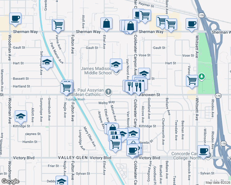 map of restaurants, bars, coffee shops, grocery stores, and more near 13002 1/2 Vanowen Street in Los Angeles