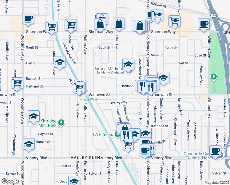 map of restaurants, bars, coffee shops, grocery stores, and more near 13116 Vanowen Street in Los Angeles