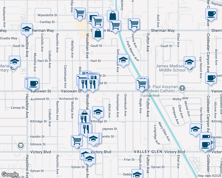 map of restaurants, bars, coffee shops, grocery stores, and more near 13540 Vanowen Street in Los Angeles