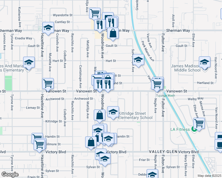 map of restaurants, bars, coffee shops, grocery stores, and more near 13616 Vanowen Street in Los Angeles