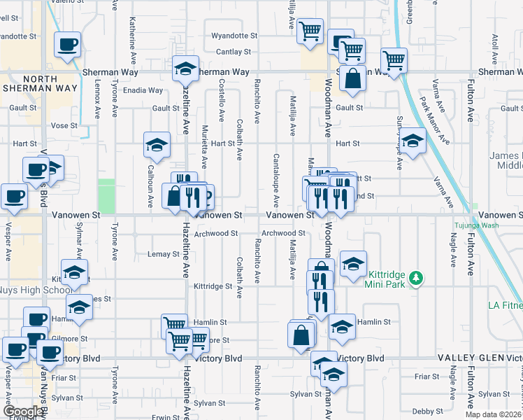 map of restaurants, bars, coffee shops, grocery stores, and more near in Los Angeles