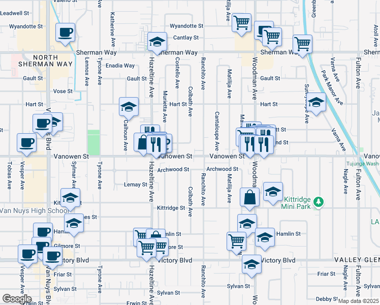 map of restaurants, bars, coffee shops, grocery stores, and more near 13942 Vanowen Street in Los Angeles