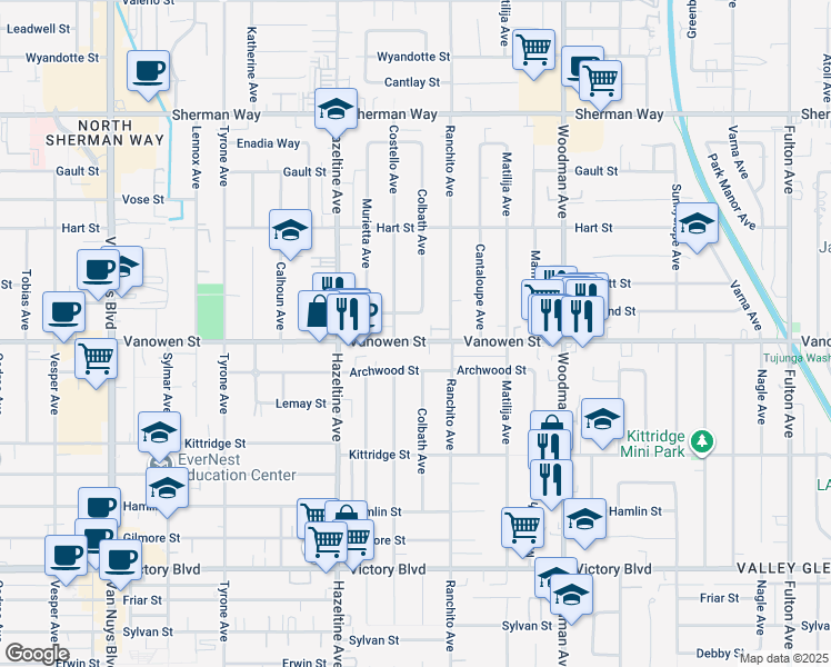 map of restaurants, bars, coffee shops, grocery stores, and more near 13942 Vanowen Street in Los Angeles