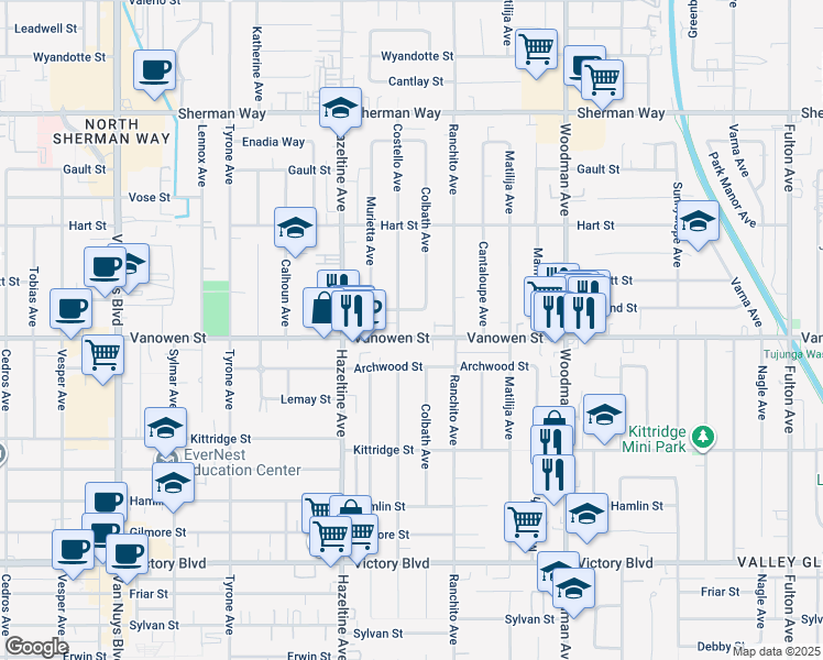 map of restaurants, bars, coffee shops, grocery stores, and more near 13942 Vanowen Street in Los Angeles