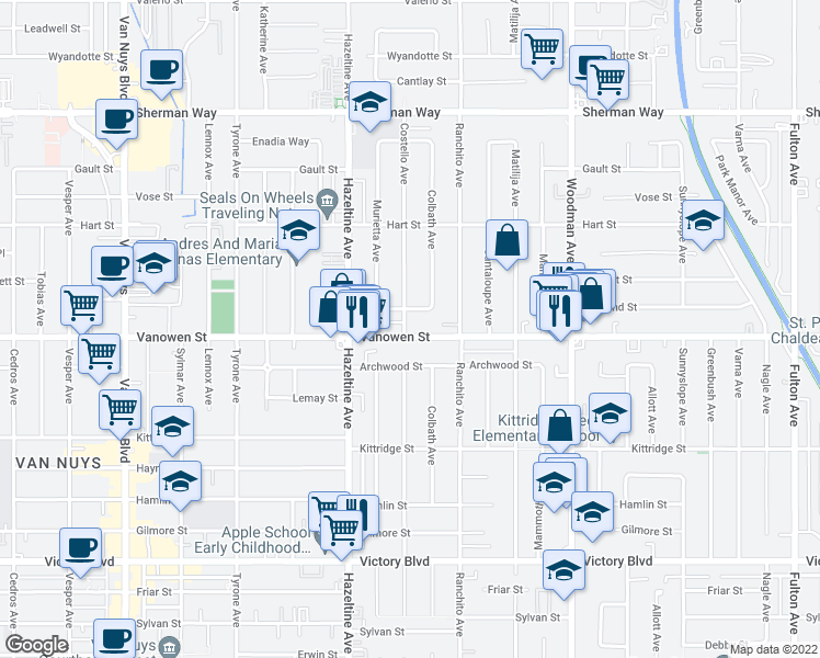 map of restaurants, bars, coffee shops, grocery stores, and more near 13942 Vanowen Street in Los Angeles