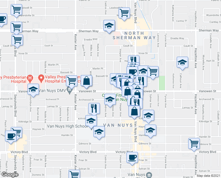 map of restaurants, bars, coffee shops, grocery stores, and more near 14629 Vanowen Street in Los Angeles