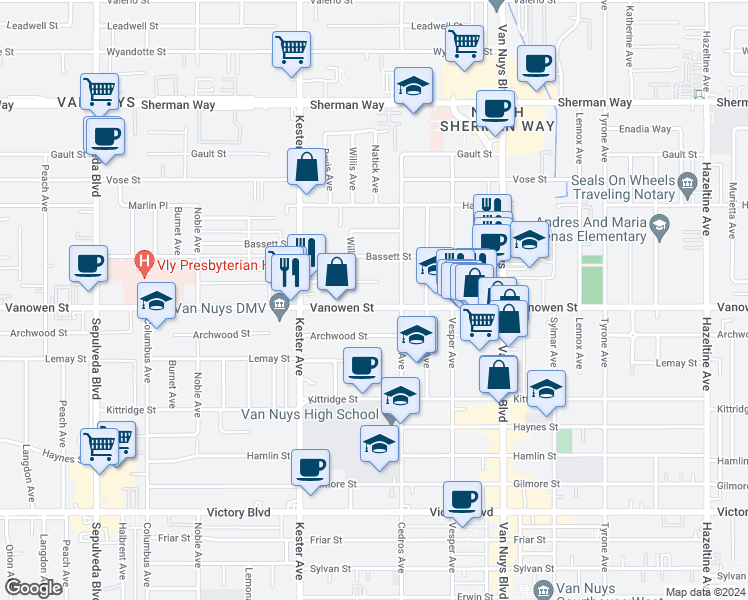 map of restaurants, bars, coffee shops, grocery stores, and more near 14759 Vanowen Street in Los Angeles