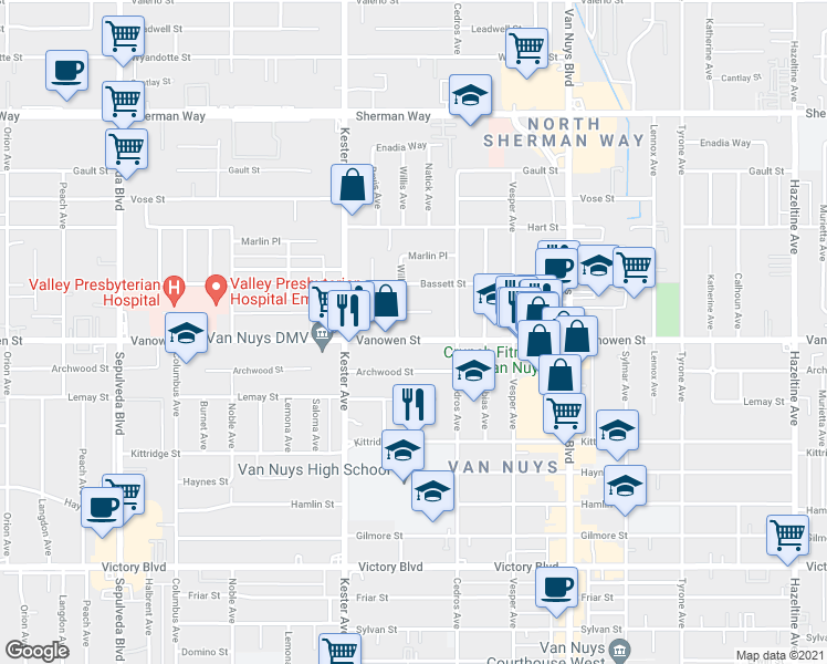 map of restaurants, bars, coffee shops, grocery stores, and more near 14759 Vanowen Street in Los Angeles