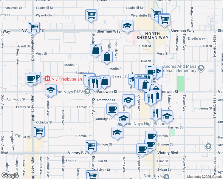 map of restaurants, bars, coffee shops, grocery stores, and more near 14759 Vanowen Street in Los Angeles