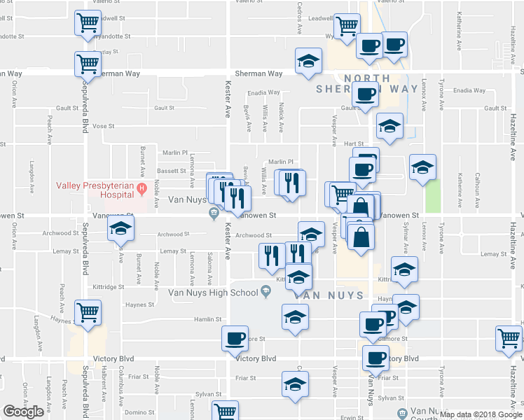 map of restaurants, bars, coffee shops, grocery stores, and more near 14759 Vanowen Street in Los Angeles