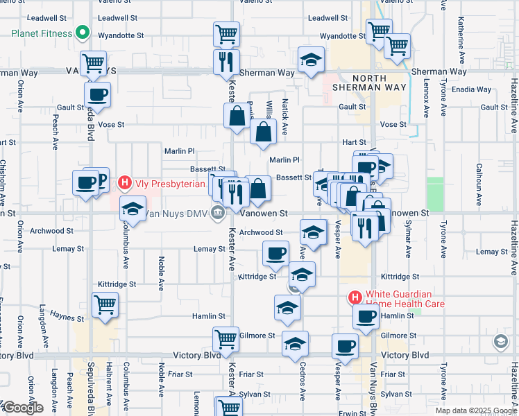 map of restaurants, bars, coffee shops, grocery stores, and more near 14842 Vanowen Street in Los Angeles