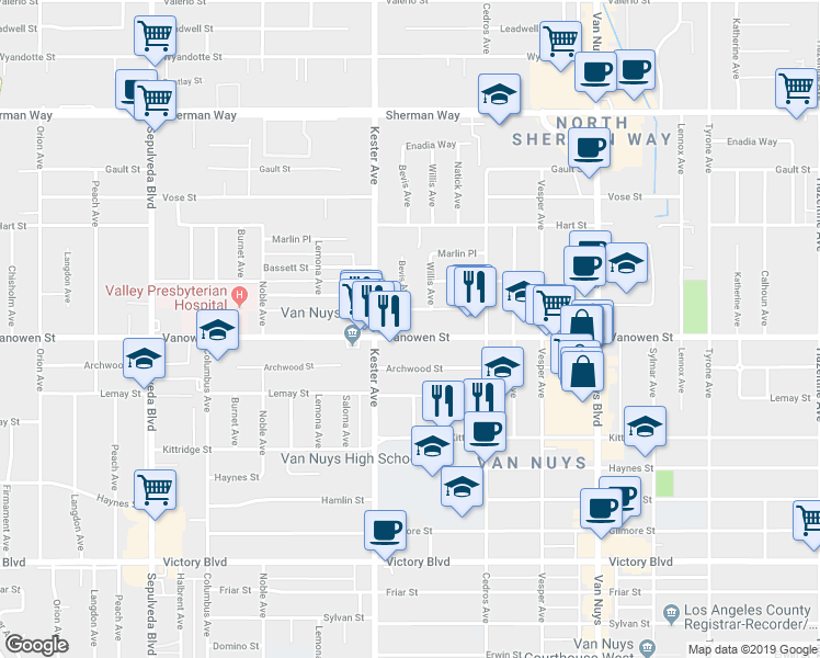 map of restaurants, bars, coffee shops, grocery stores, and more near 14842 Vanowen Street in Los Angeles
