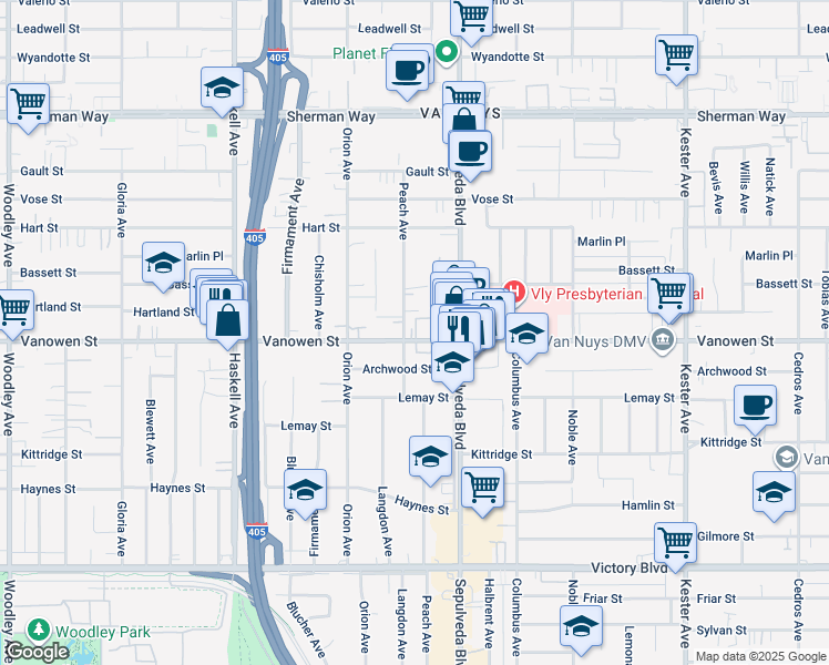 map of restaurants, bars, coffee shops, grocery stores, and more near 15405 Vanowen Street in Los Angeles
