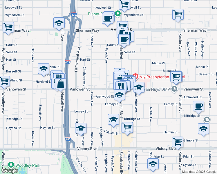 map of restaurants, bars, coffee shops, grocery stores, and more near 15405 Vanowen Street in Los Angeles