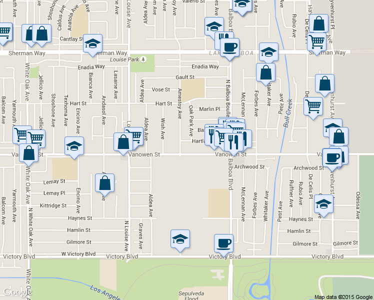 map of restaurants, bars, coffee shops, grocery stores, and more near 17031 Vanowen Street in Los Angeles