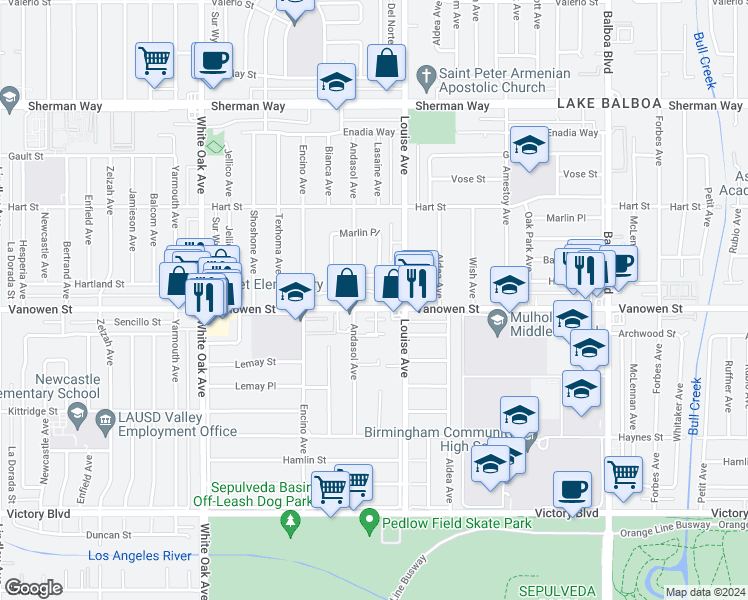 map of restaurants, bars, coffee shops, grocery stores, and more near 17309 Vanowen Street in Los Angeles
