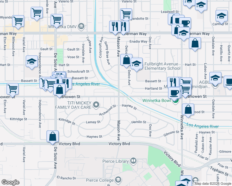 map of restaurants, bars, coffee shops, grocery stores, and more near 20475 Vanowen Street in Los Angeles