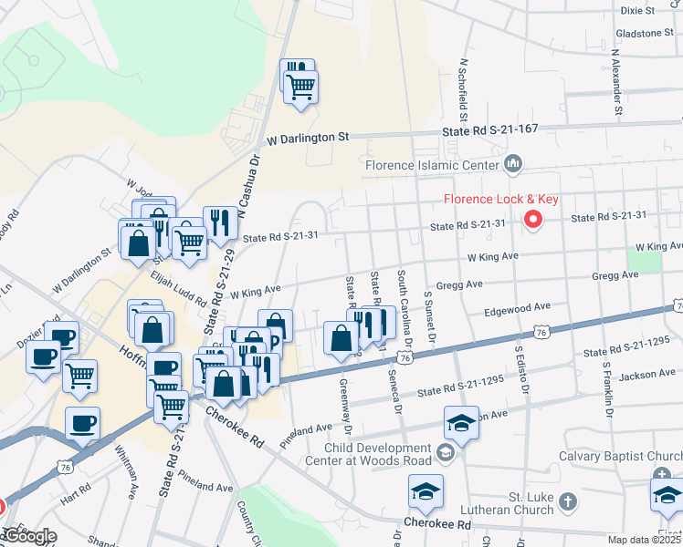 map of restaurants, bars, coffee shops, grocery stores, and more near 151 State Road S-21-332 in Florence