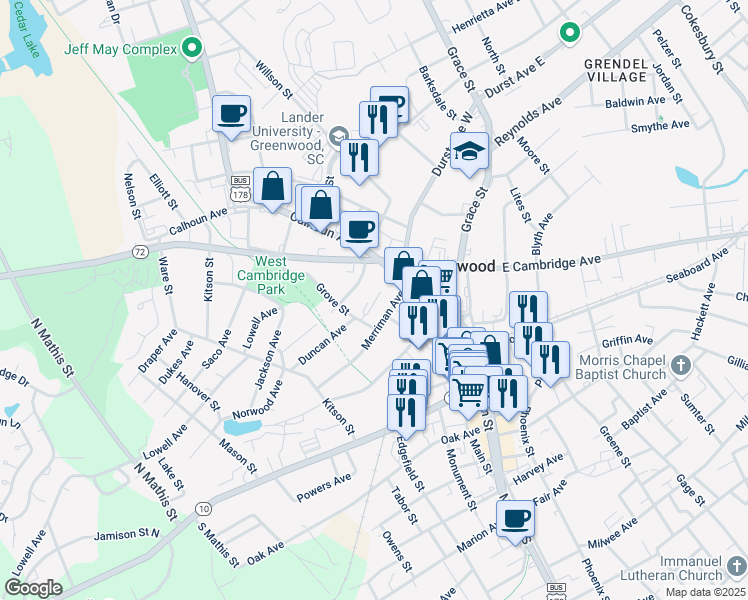 map of restaurants, bars, coffee shops, grocery stores, and more near 306 Grove Street in Greenwood