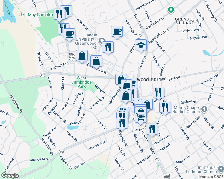 map of restaurants, bars, coffee shops, grocery stores, and more near 306 Grove Street in Greenwood