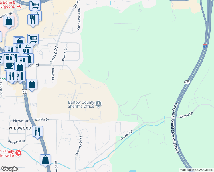 map of restaurants, bars, coffee shops, grocery stores, and more near 3 Overlook Way in Cartersville