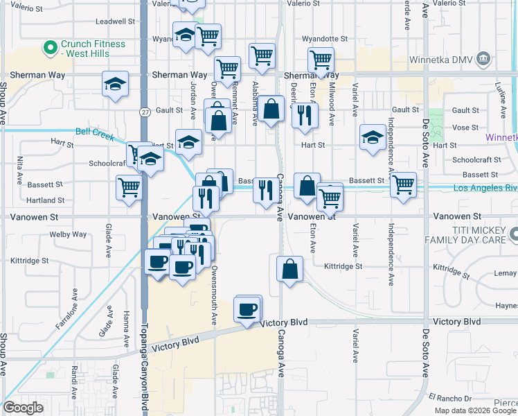 map of restaurants, bars, coffee shops, grocery stores, and more near 21425 Vanowen Street in Los Angeles